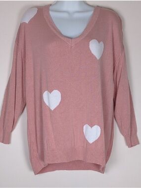 BloomChic Pink V-Neck Heart Sweater with White Hearts